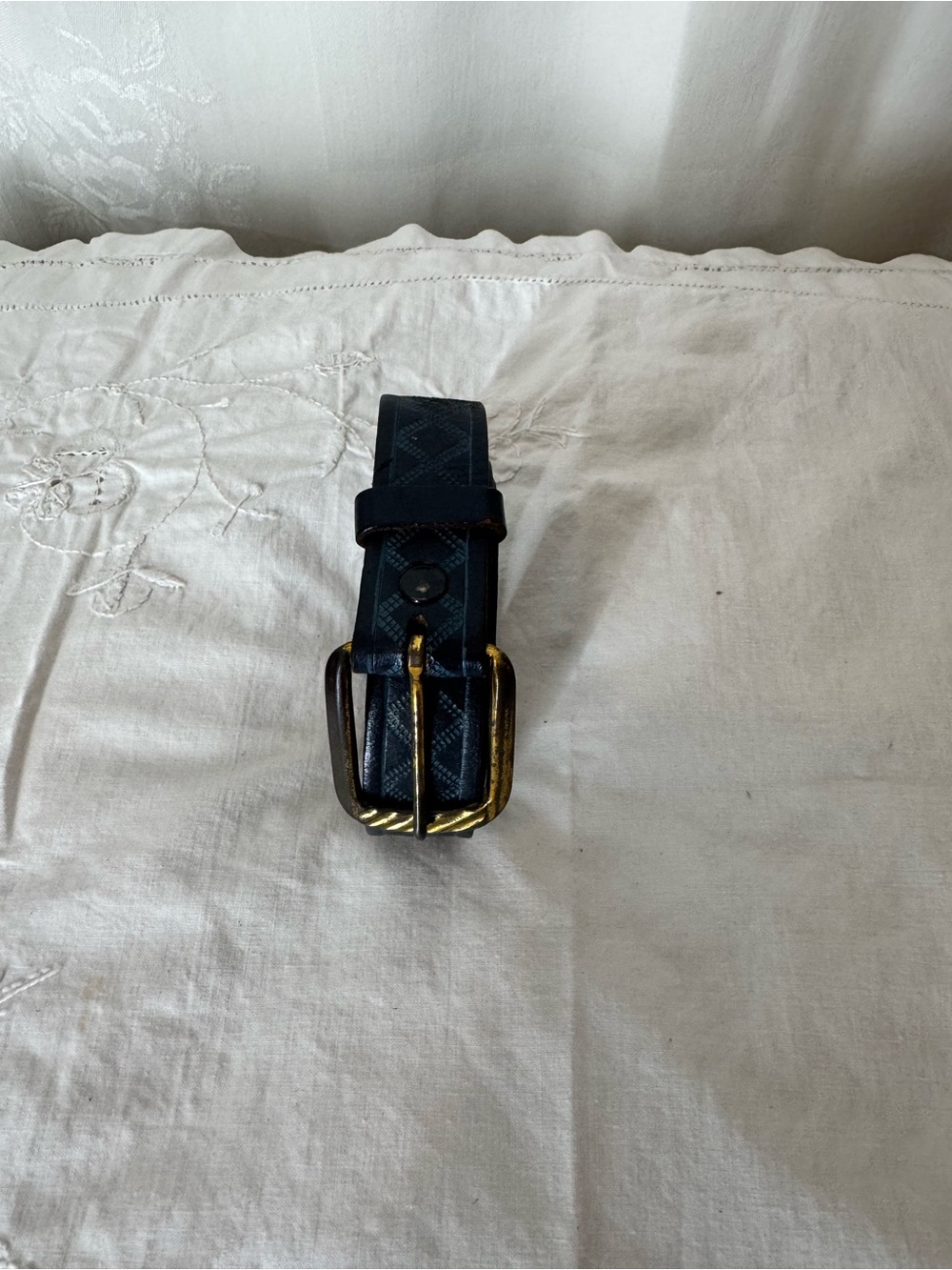 Vintage Blue Textured Leather Belt with Antique Buckle